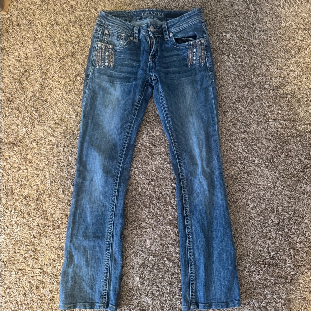 Grace Women's Blue Boot Cut Jeans with Rhinestone Pocket Accents